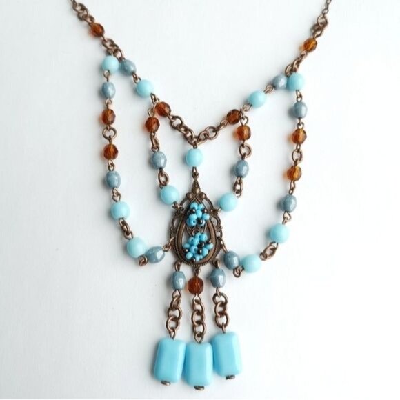 VINTAGE Czech handmade beaded  turquoise amber necklace earring set - Picture 7 of 8